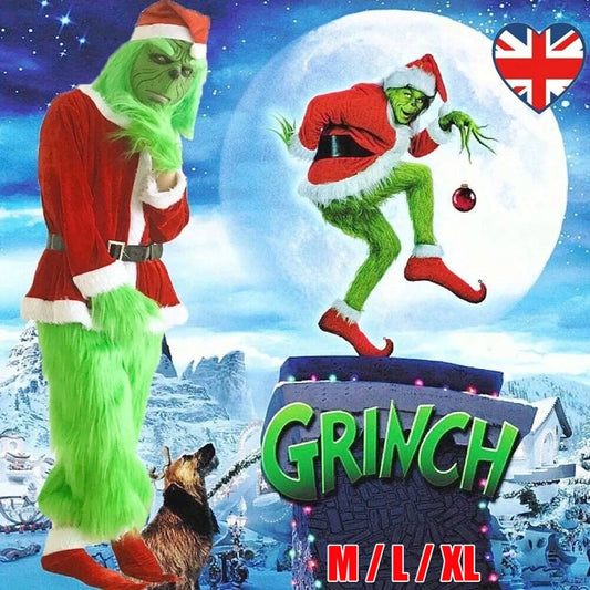 Adult Santa Grinch Costume Xmas Cosplay Men Christmas Santa Fancy Dress Full Set