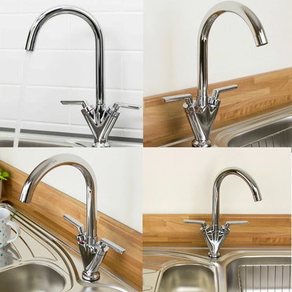 Modern Kitchen Mixer Tap Dual Lever Swivel Spout Mono Chrome Sink Taps Faucet