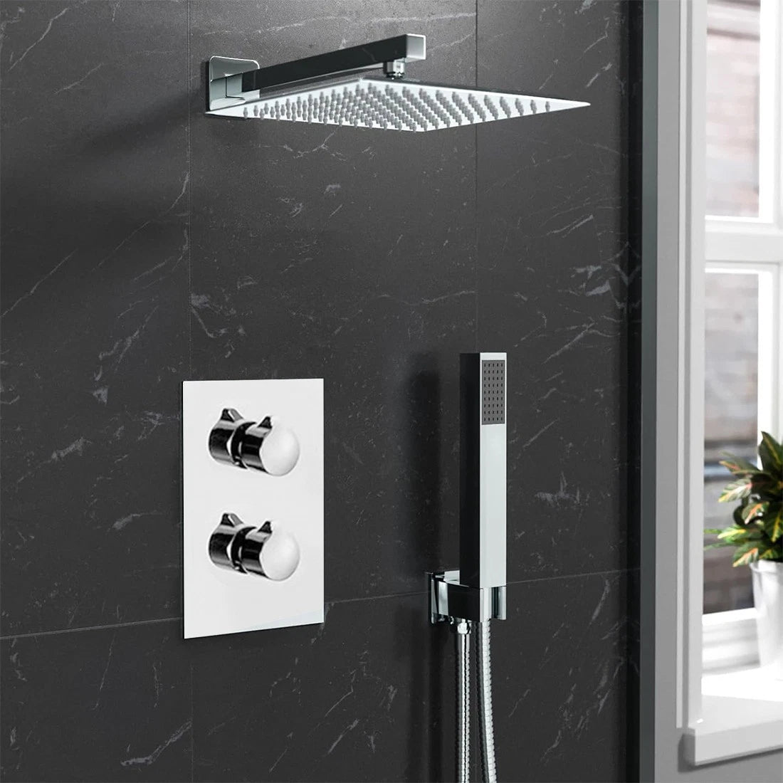 Modern Concealed Square Shower Brass Valve Mixer Twin Head Shower Set Chrome