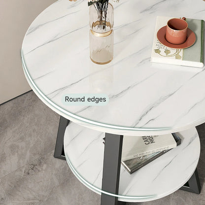 Round 2 Tier Coffee Table Side Table White Marble Effect End Table Living Room