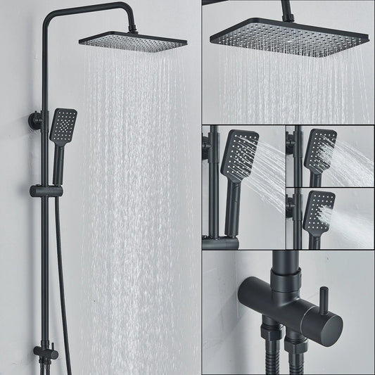 Black Exposed Bathroom Shower Twin Head Large Bar Set Square Valve Rail Hose Tap
