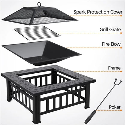 Large Fire Pit BBQ Outdoor Iron Grill Square Garden Table Patio Log Burner Stove