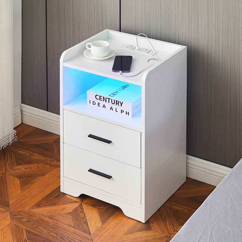LED Light Bedside Table Nightstand High Gloss 2 Drawers USB Port Power Plug
