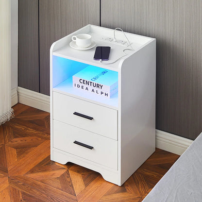 LED Light Bedside Table Nightstand High Gloss 2 Drawers USB Port Power Plug