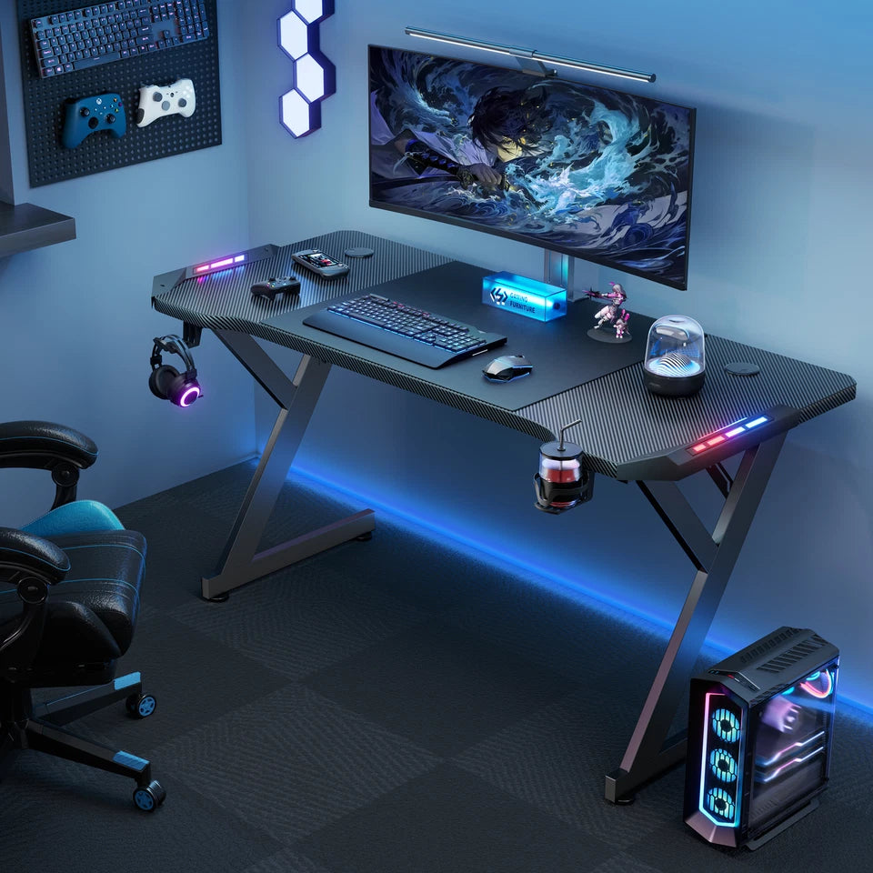 Gaming Desk LED RGB Computer Table Workstation w/ Cup Holder & Headphone Hook