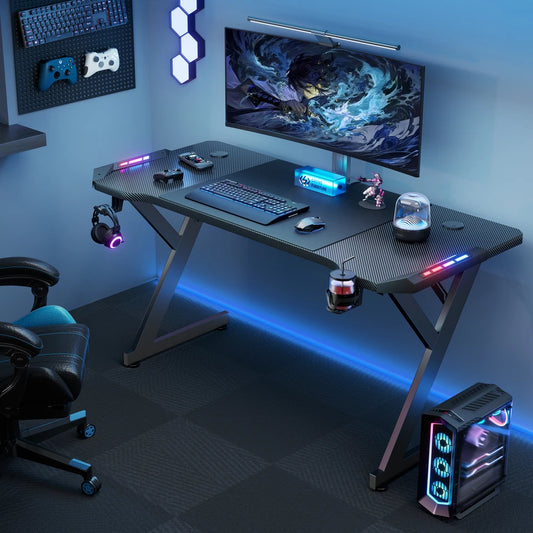 Gaming Desk LED RGB Computer Table Workstation w/ Cup Holder & Headphone Hook
