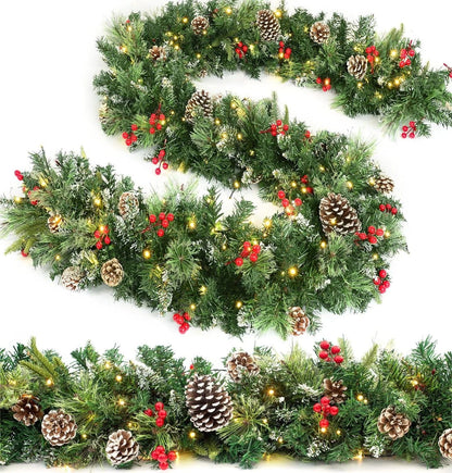 9ft Christmas Garland Snow Flocked With Lights Pinecones Berries Wreath Bushy