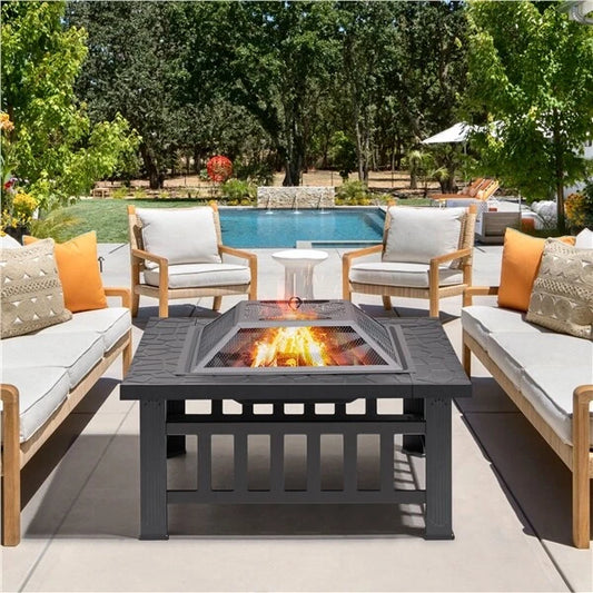 Large Fire Pit BBQ Outdoor Iron Grill Square Garden Table Patio Log Burner Stove