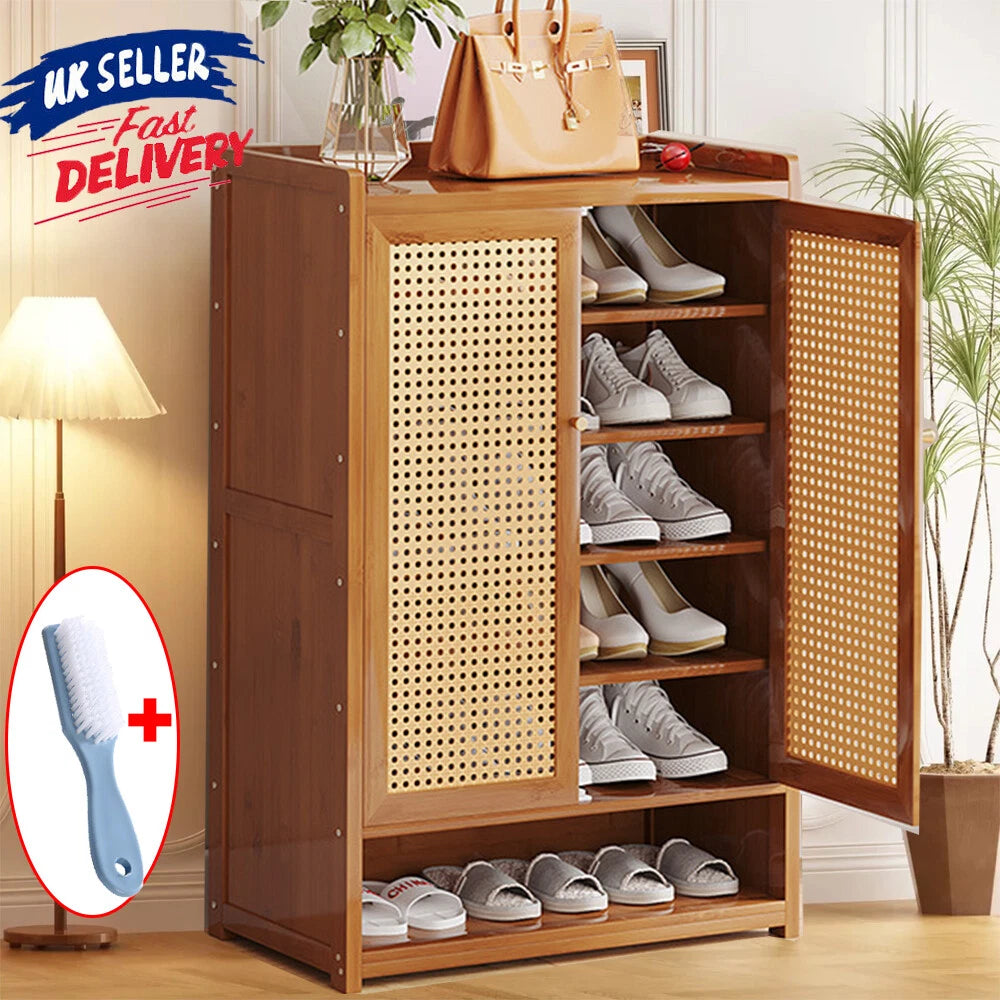 Shoe Cabinet Storage Cupboard Footwear Stand Rack Wooden Double Rattan Doors