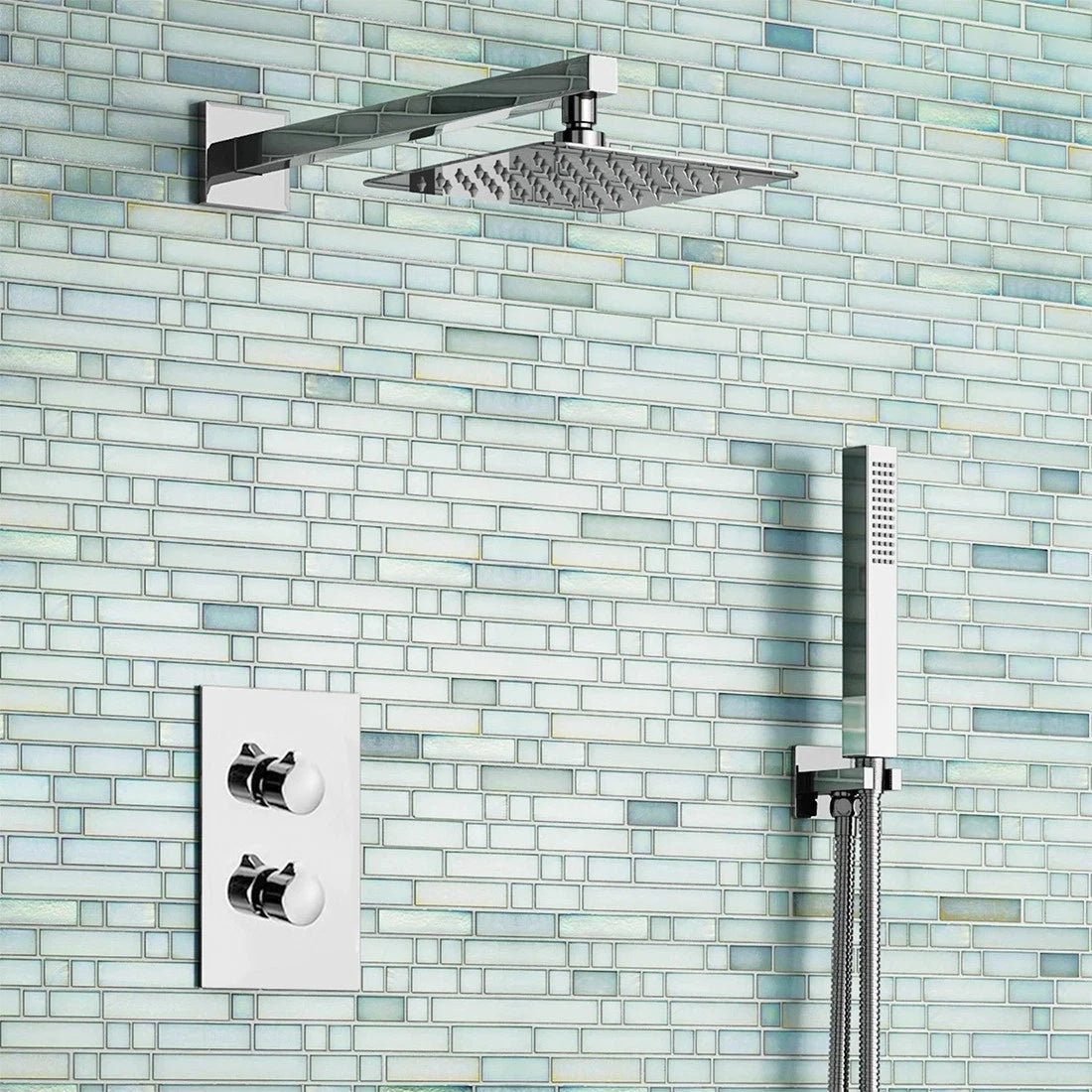 Modern Concealed Square Shower Brass Valve Mixer Twin Head Shower Set Chrome