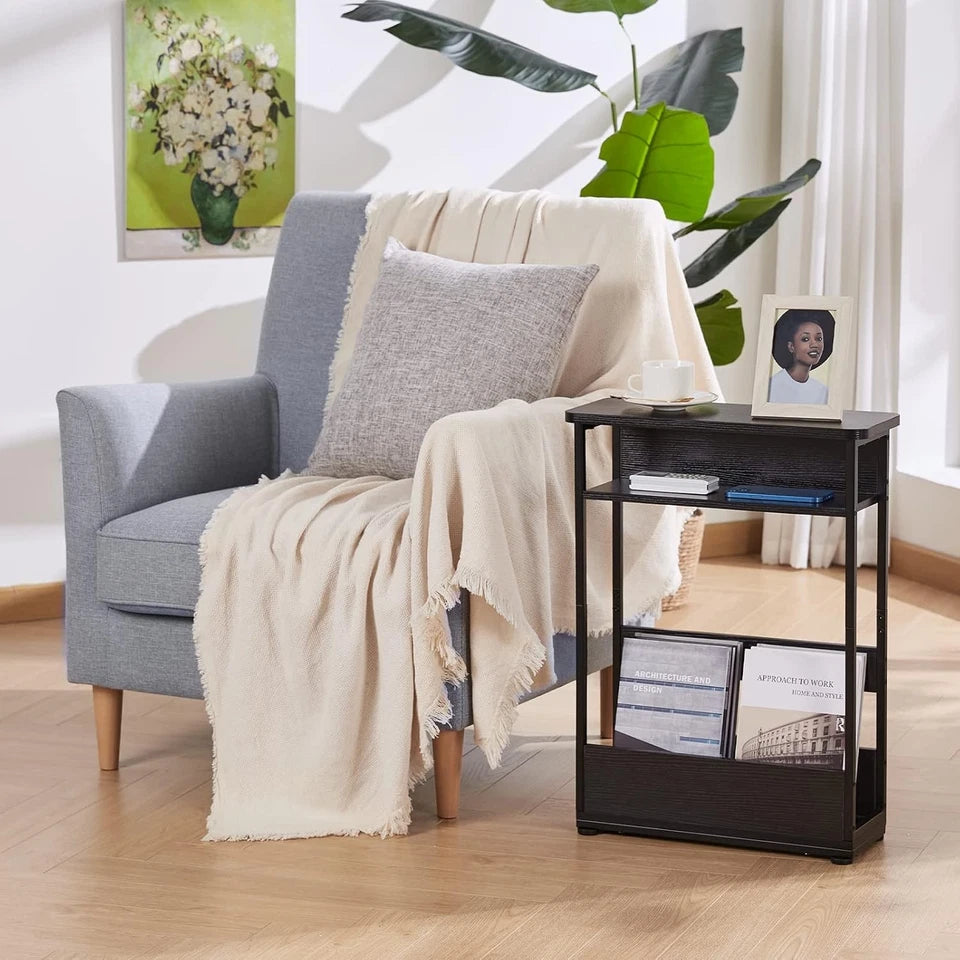 Vintage Narrow Side Table with Storage Shelf, 3 Tier Slim End Table Modern Sofa