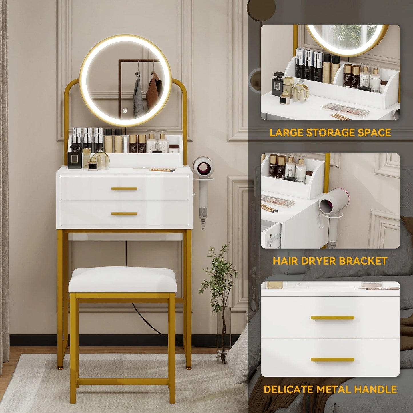 Modern Vanity Dressing Table LED Light Mirror Stool Shelves 2 Drawers Compact