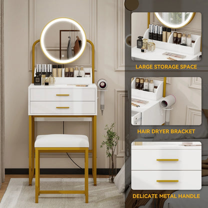 Modern Vanity Dressing Table LED Light Mirror Stool Shelves 2 Drawers Compact