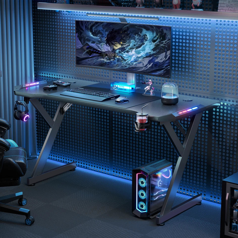 Gaming Desk LED RGB Computer Table Workstation w/ Cup Holder & Headphone Hook