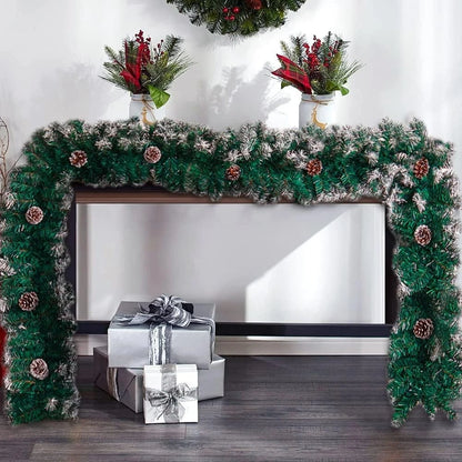 9ft Christmas Garland Snow Flocked With Lights Pinecones Berries Wreath Bushy