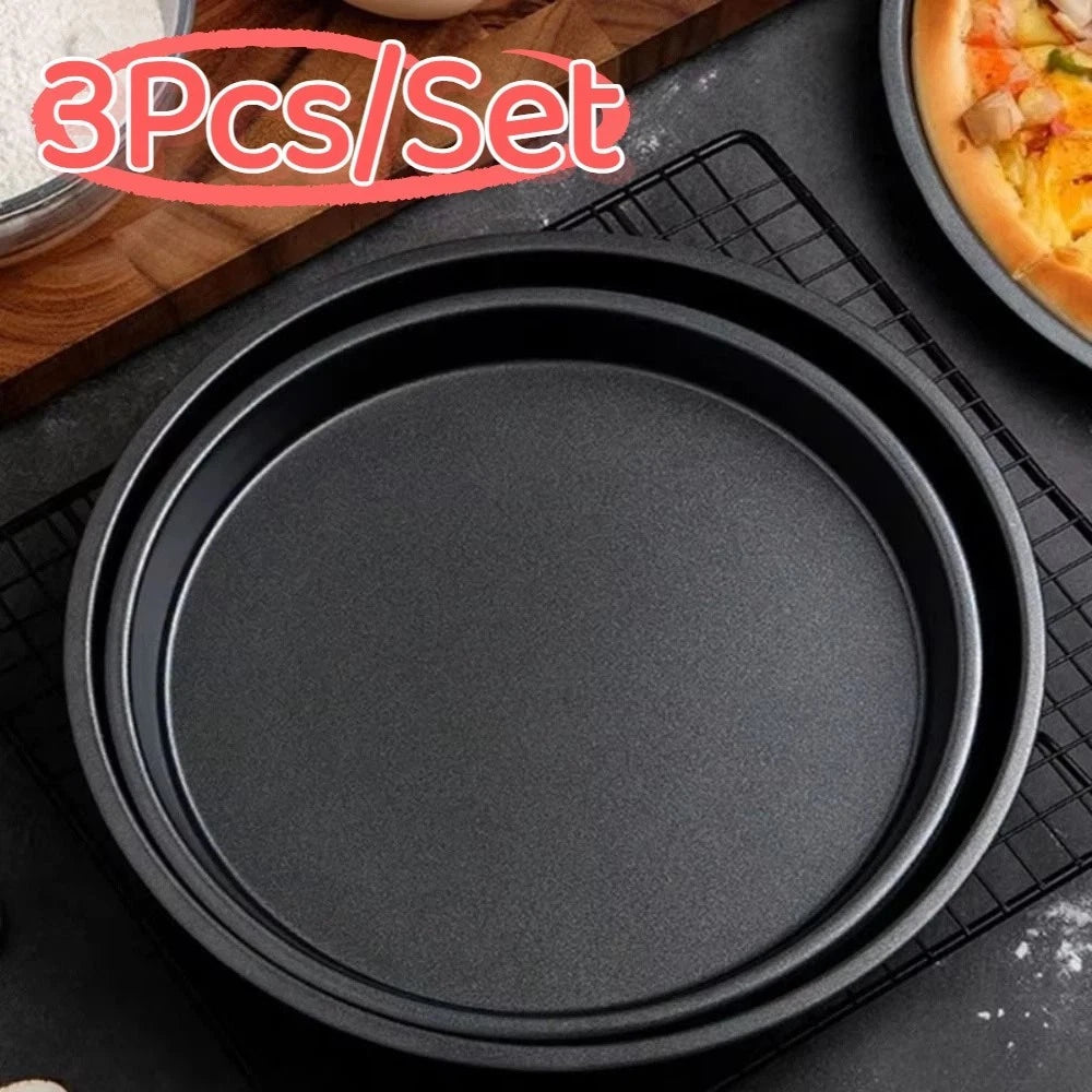 3Pcs Non-Stick Pizza Pan Carbon Steel Pizza Oven Tray Shallow Round Pizza Plate