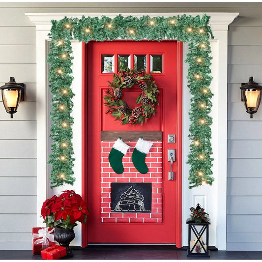 9ft Bushy Pine XMAS Christmas Garland with Lights for Stairs Outdoor Decorations