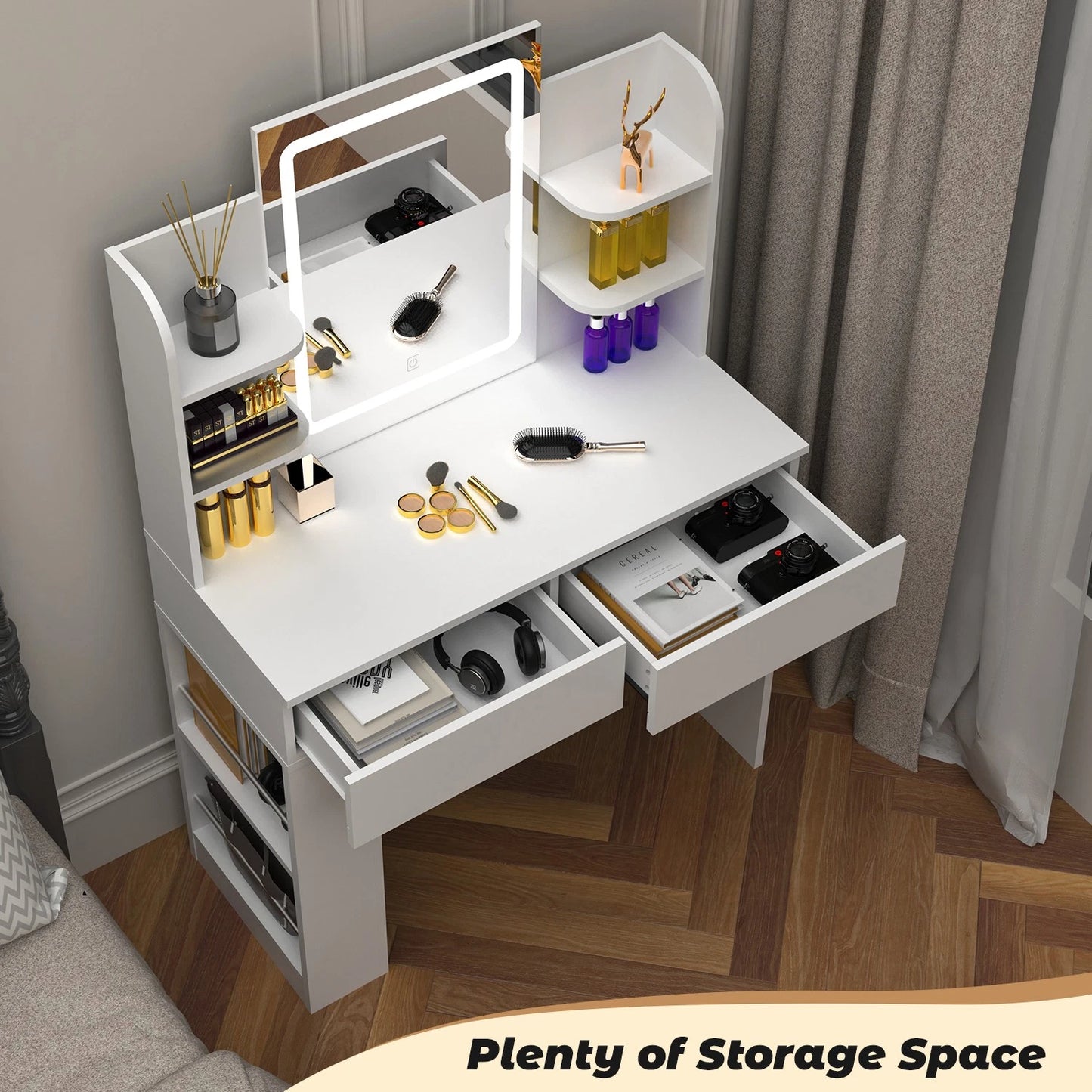 Dressing Table Makeup Desk Vanity Desk With 2 Drawers & LED Mirror & 4 Shelves