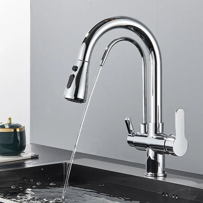 Modern Mono Kitchen Sink Mixer Taps 360° Pull Out Spray Spout Twin Lever 3 Way