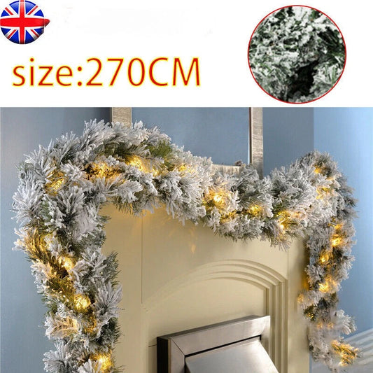 9Ft Christmas LED Pre Lit Garland Snow Flocked Artificial Wreath Xmas Decora