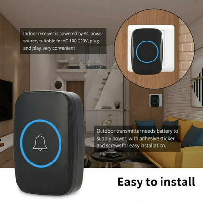 Wireless Doorbell Waterproof Range Door Bells Kit Cordless Plug-in Home Office