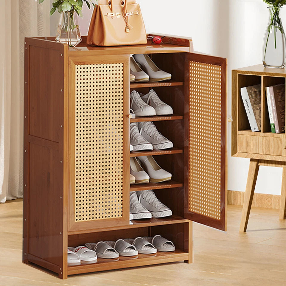 Shoe Cabinet Storage Cupboard Footwear Stand Rack Wooden Double Rattan Doors