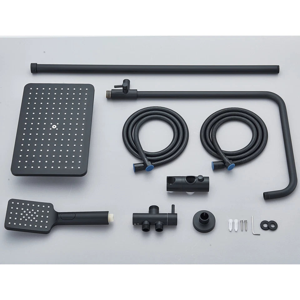Black Exposed Bathroom Shower Twin Head Large Bar Set Square Valve Rail Hose Tap