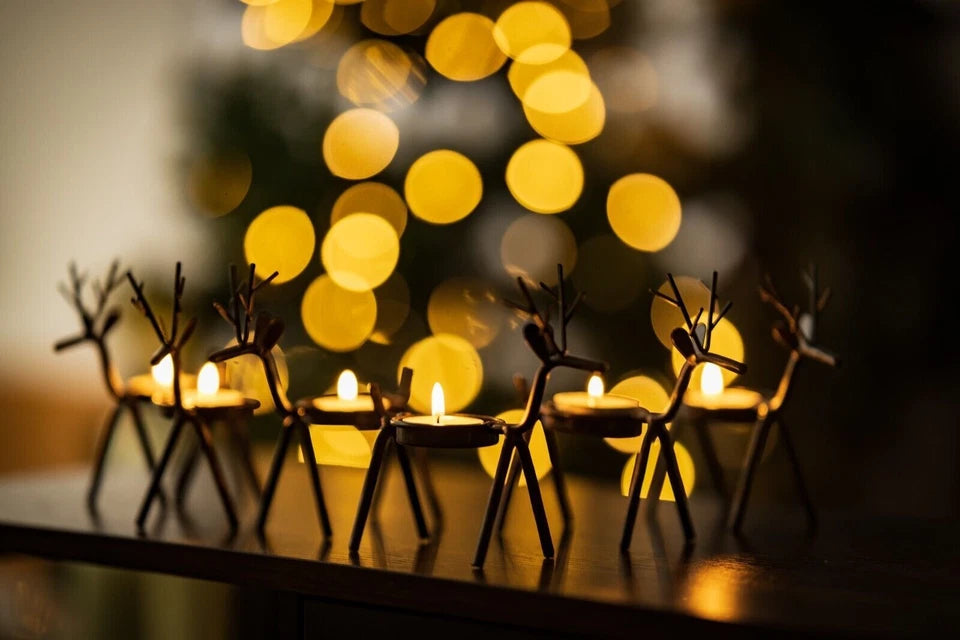 6x Christmas Reindeer Tea Light Candle Holders & Tealights Xmas Home Decor Gift