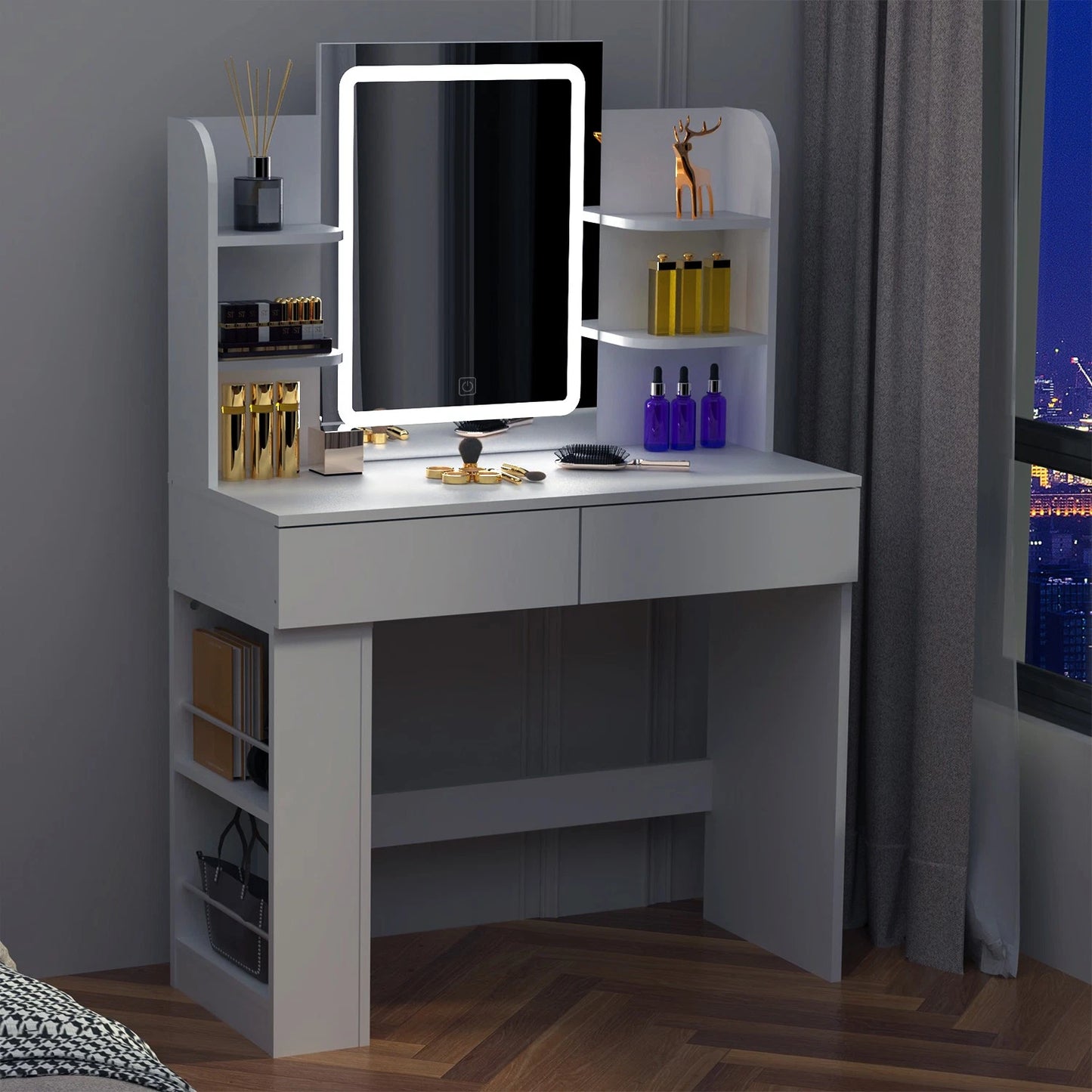 Dressing Table Makeup Desk Vanity Desk With 2 Drawers & LED Mirror & 4 Shelves