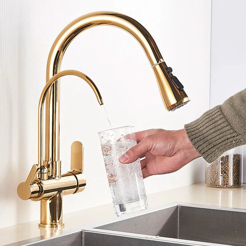 Modern Mono Kitchen Sink Mixer Taps 360° Pull Out Spray Spout Twin Lever 3 Way