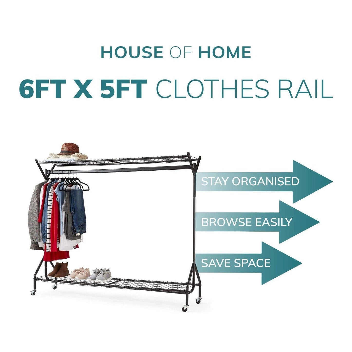 Clothing Rail Heavy Duty 6ft 5ft 4ft Hanging Clothes Shoe Hat Rack Shelf Wheels