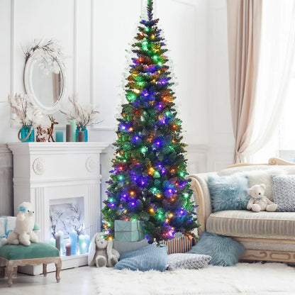 4/5/6/7ft Pencil Slim Christmas Tree with Lights Artificial XMAS Home Decoration