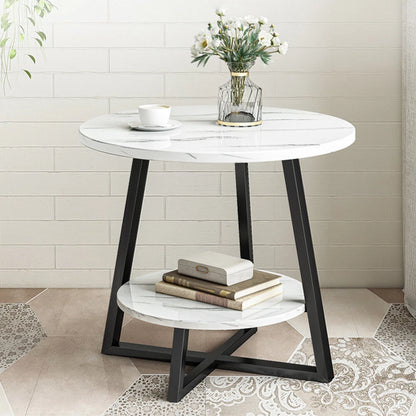 Round 2 Tier Coffee Table Side Table White Marble Effect End Table Living Room