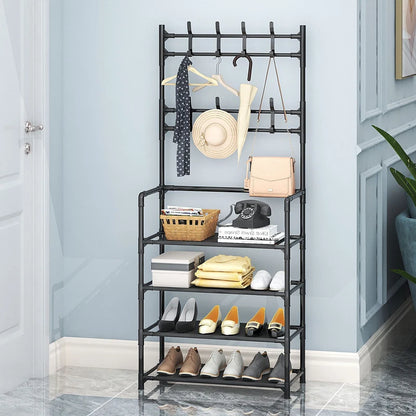 8 Hooks Coat and Hat Stand Metal + Plastic Shoe Rack Bedroom Shelf Hanger