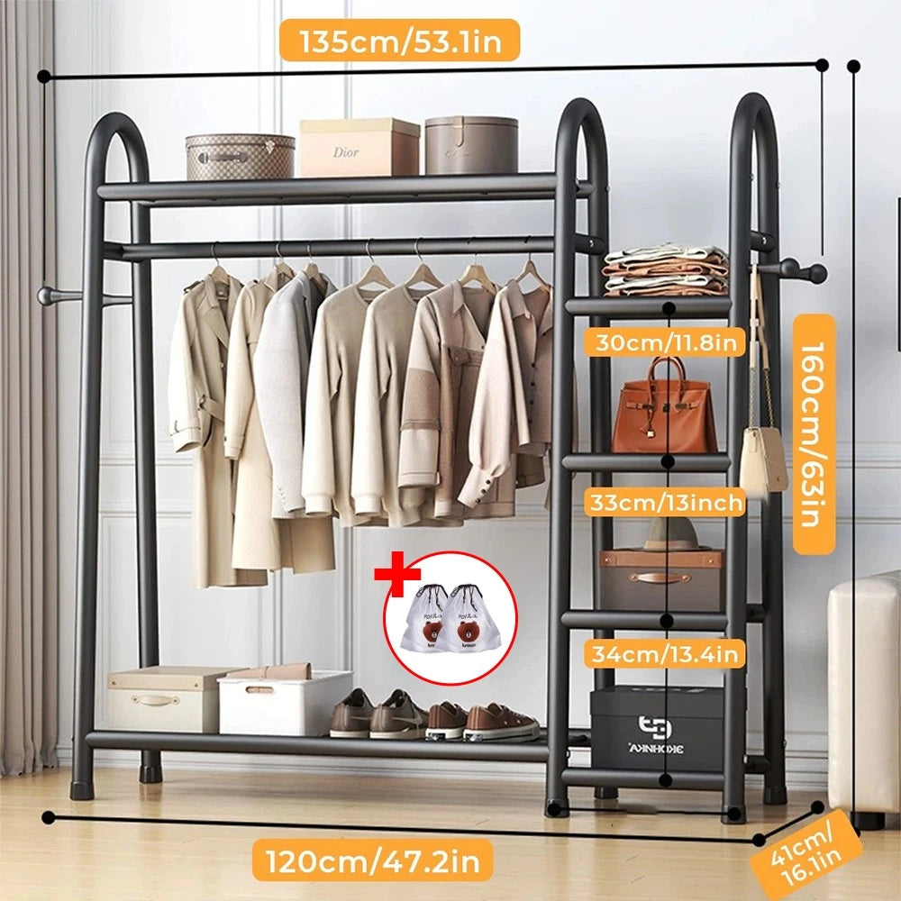 Heavy Duty Double Clothes Rail Rack Garment Hanging Stand Open Wardrobe Shelf