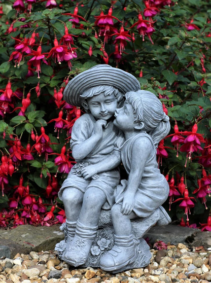Garden Ornaments Boy & Girl Loving Kissing Cherub Statue Grey