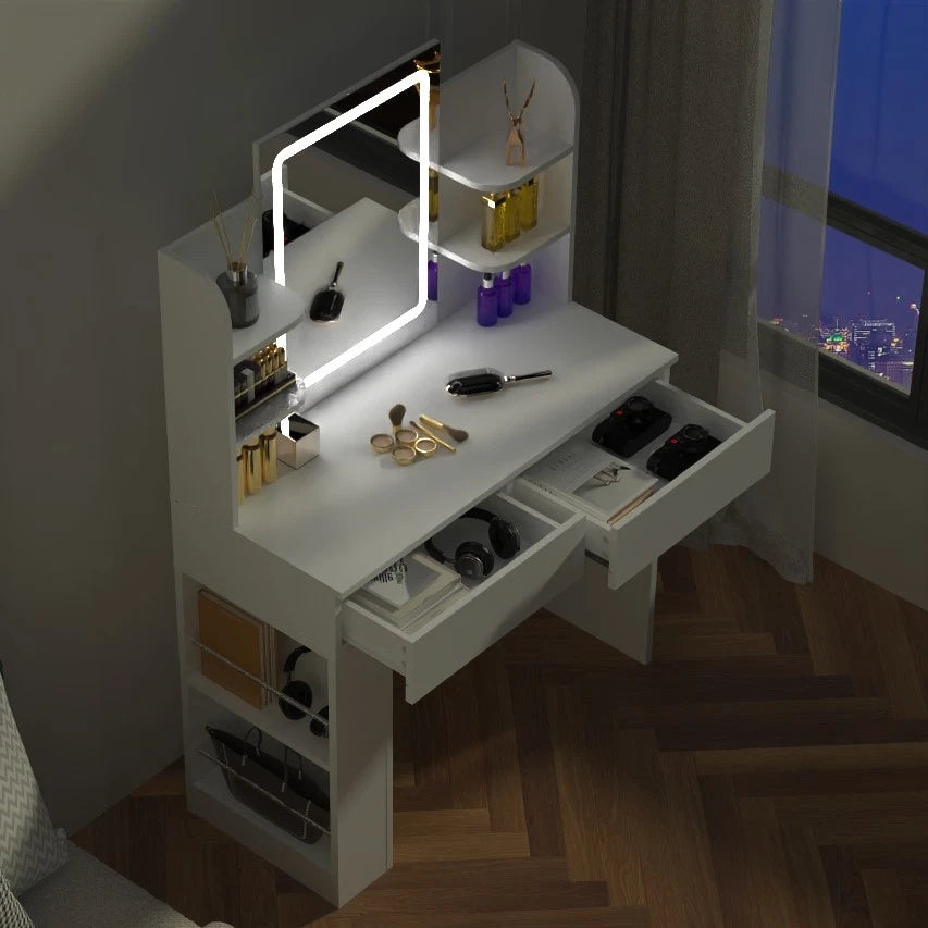 Dressing Table Makeup Desk Vanity Desk With 2 Drawers & LED Mirror & 4 Shelves