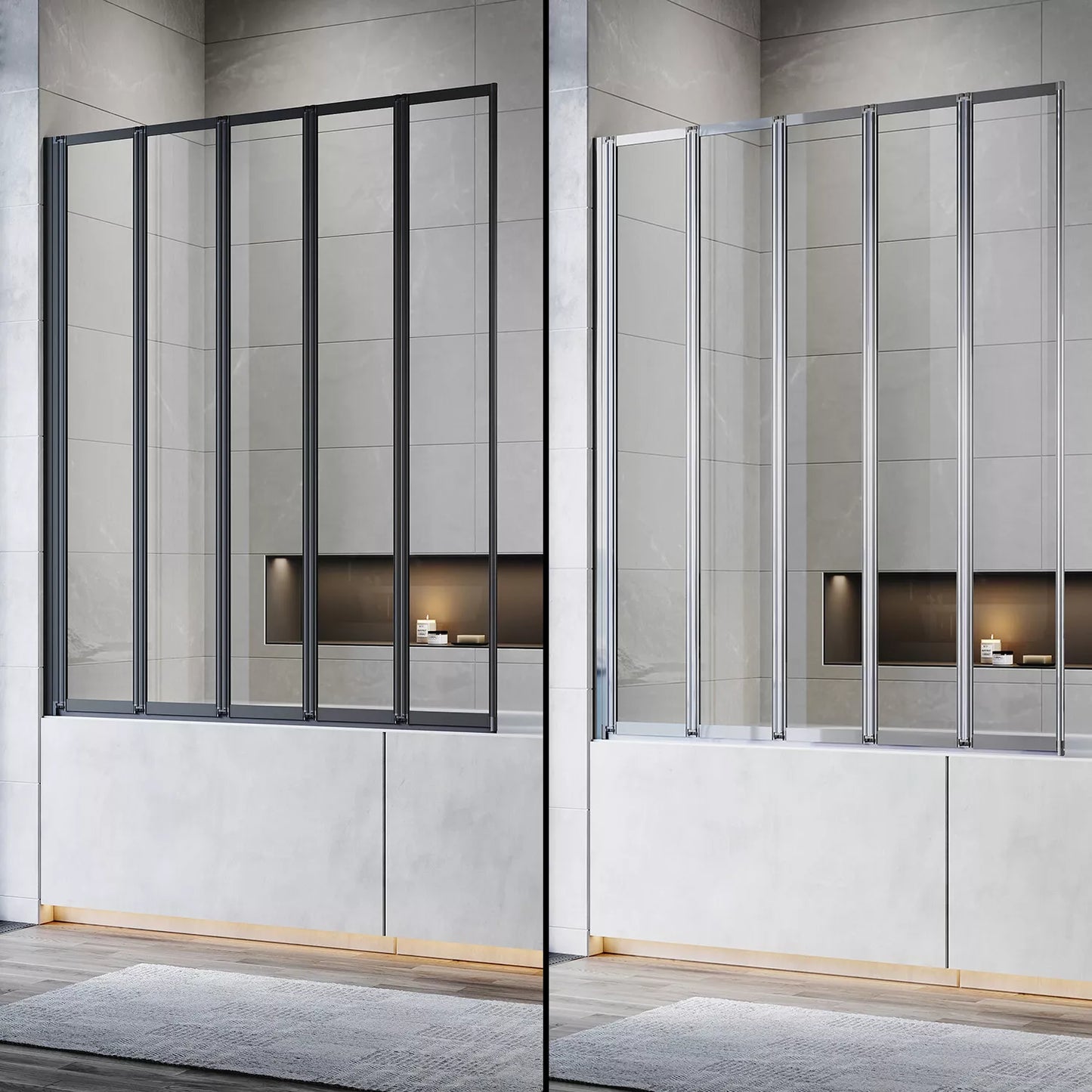 5 Folding Bath Shower Screen Black / Chrome Frame Wet Room Glass Panel 1200 x 1400mm