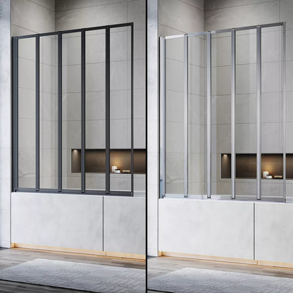 5 Folding Bath Shower Screen Black / Chrome Frame Wet Room Glass Panel 1200 x 1400mm