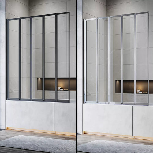 5 Folding Bath Shower Screen Black / Chrome Frame Wet Room Glass Panel 1200 x 1400mm