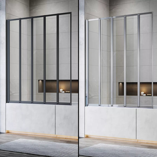 5 Folding Bath Shower Screen Black / Chrome Frame Wet Room Glass Panel 1200 x 1400mm