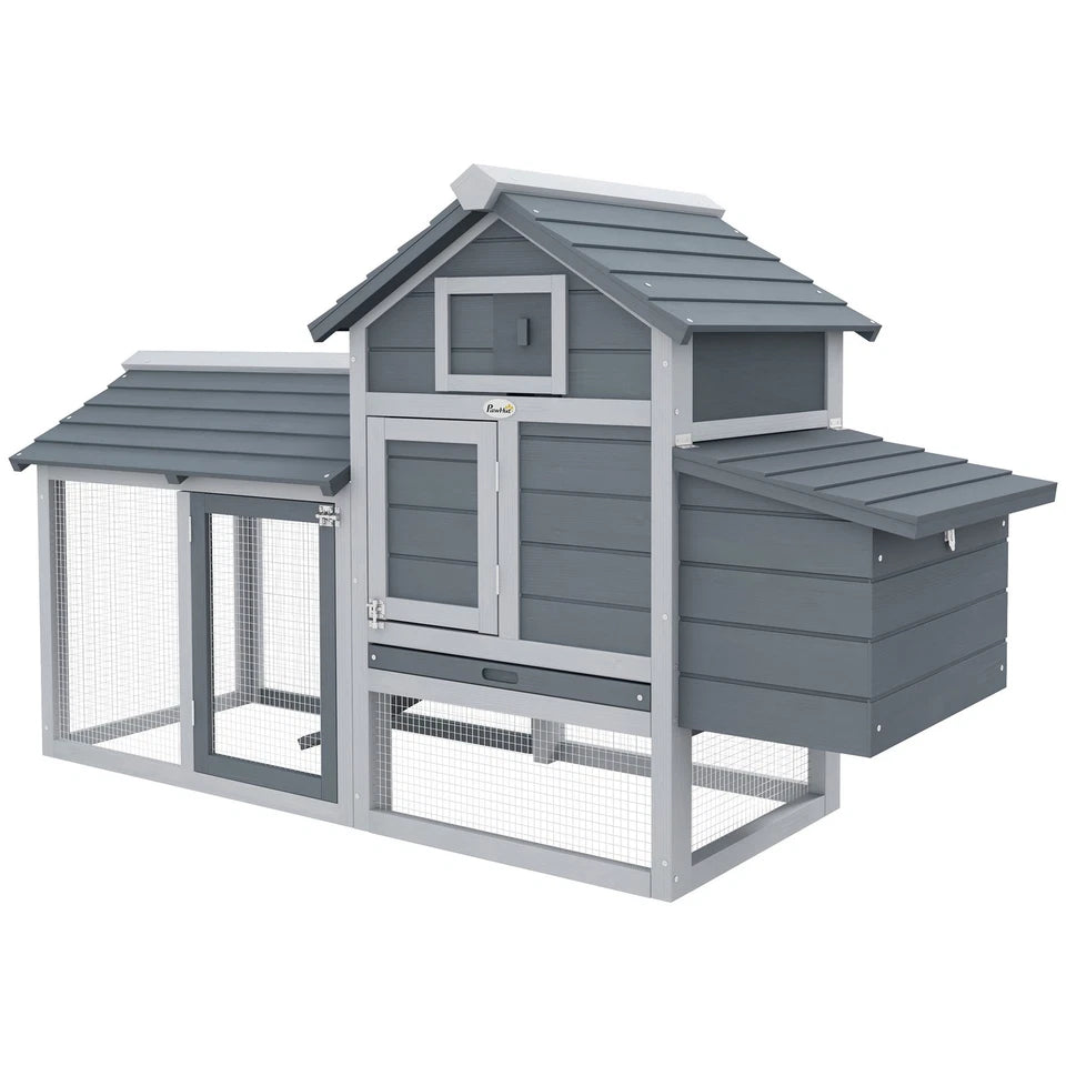 PawHut Chicken Coop Hen Cage Small Animal Hutch Nesting Box Outdoor Run Grey