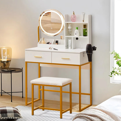 Dressing Table Round Mirror LED Lights Stool Vanity Table Makeup Desk Gold Leg