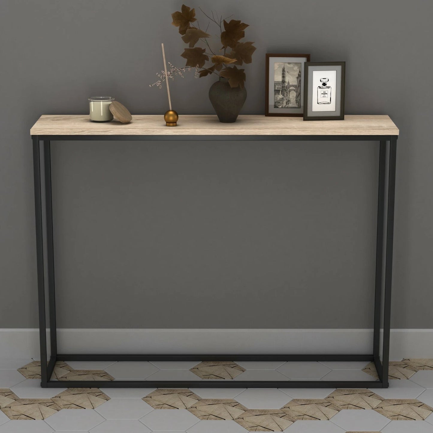 Wooden Free Standing Hallway Console Table Living Room Shelf Display Metal Legs