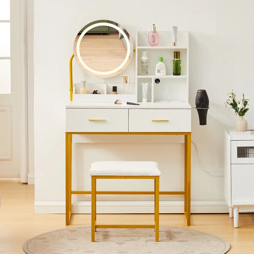 Dressing Table Round Mirror LED Lights Stool Vanity Table Makeup Desk Gold Leg