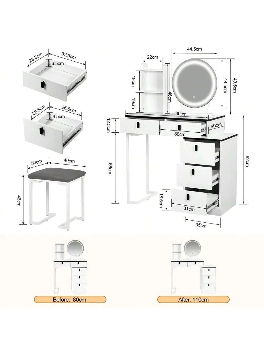 Dressing Table With Mirror Stool, Vanity Table Set With 3 Color Detachable LED