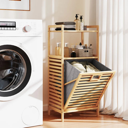 Bamboo Bathroom Shelf Tilt out Laundry Hamper Storage Organiser w/Laundry Basket
