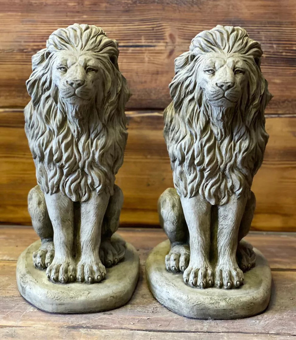 LION PAIR Stone Garden Ornament 40cm Statue