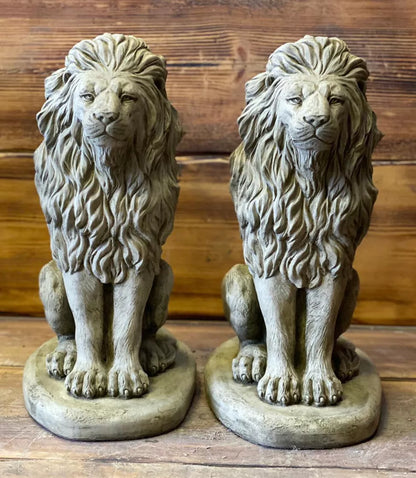 LION PAIR Stone Garden Ornament 40cm Statue