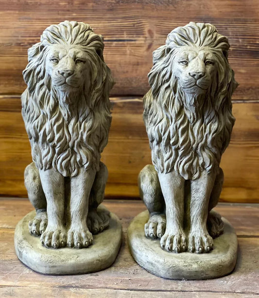 LION PAIR Stone Garden Ornament 40cm Statue